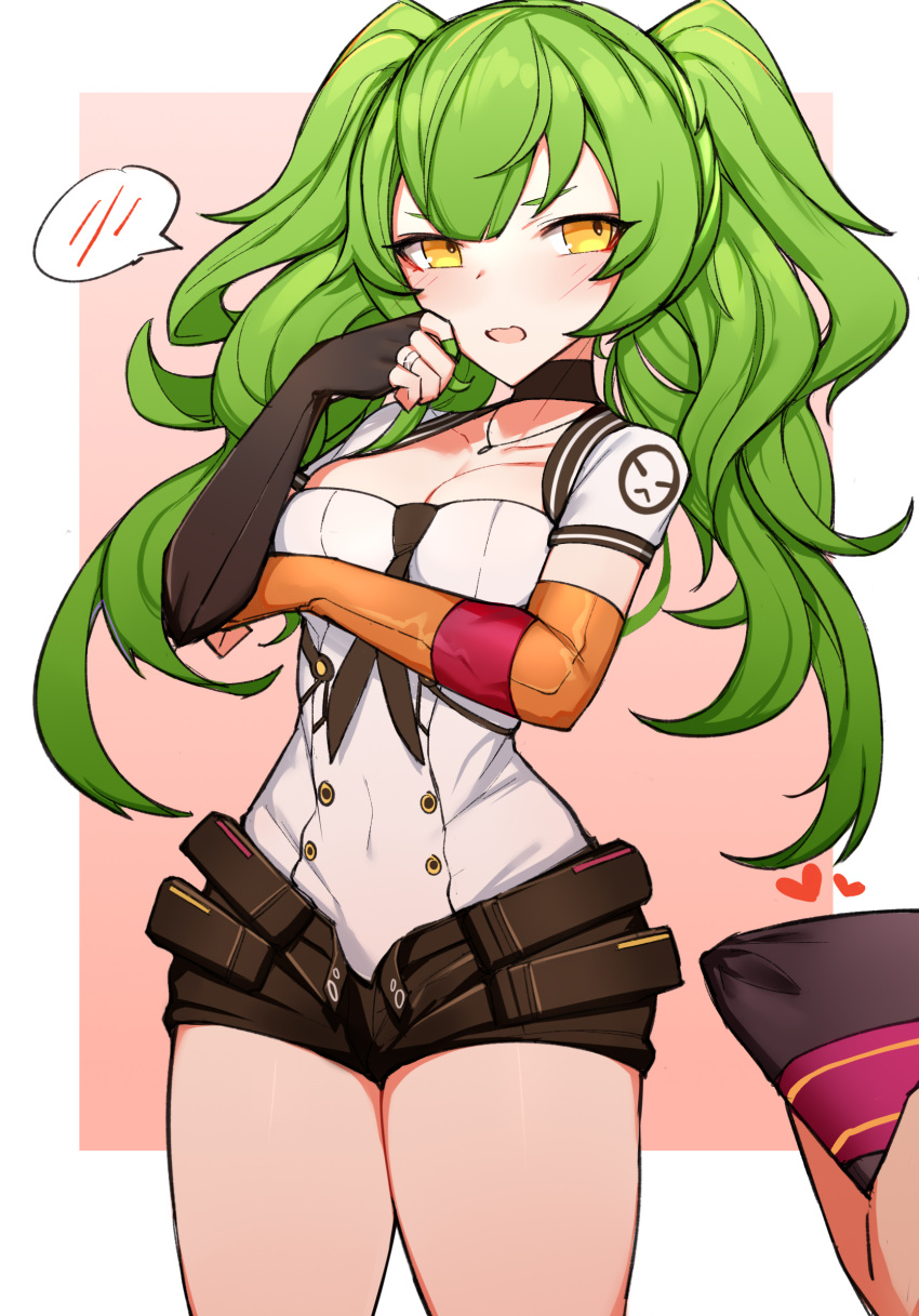 1girl 1other asymmetrical_gloves black_gloves black_shorts blush breasts brown_background choumi_wuti_(xueye_fanmang_zhong) cleavage collarbone commentary_request elbow_gloves fingerless_gloves girls'_frontline gloves green_hair hand_up heart highres holding jewelry leotard long_hair m950a_(girls'_frontline) medium_breasts mismatched_gloves open_clothes open_fly open_mouth open_shorts orange_gloves ring short_shorts short_sleeves shorts solo_focus spoken_blush thick_eyebrows twintails two-tone_background v-shaped_eyebrows very_long_hair white_background white_leotard yellow_eyes