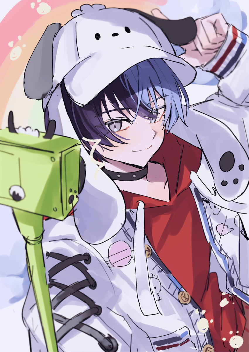 1boy absurdres animal_ear_headwear animal_hat aoyagi_touya black_choker blue_hair camera choker closed_mouth cosplay dark_blue_hair dog_hat grey_eyes hair_between_eyes hat highres hood hoodie jacket jacket_over_hoodie long_sleeves looking_at_object male_focus mole mole_under_eye multicolored_hair mung22ya pochacco pochacco_(cosplay) project_sekai red_hoodie short_hair split-color_hair two-tone_hair white_jacket