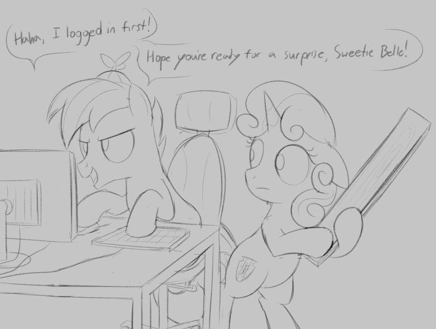 button_mash_(mlp) computer cutie_mark dialogue dtcx97 duo earth_pony english_text equid equine female feral friendship_is_magic hasbro hi_res horn horse keyboard male mammal monochrome my_little_pony open_mouth pony sitting sketch sweetie_belle_(mlp) text unicorn wooden_plank
