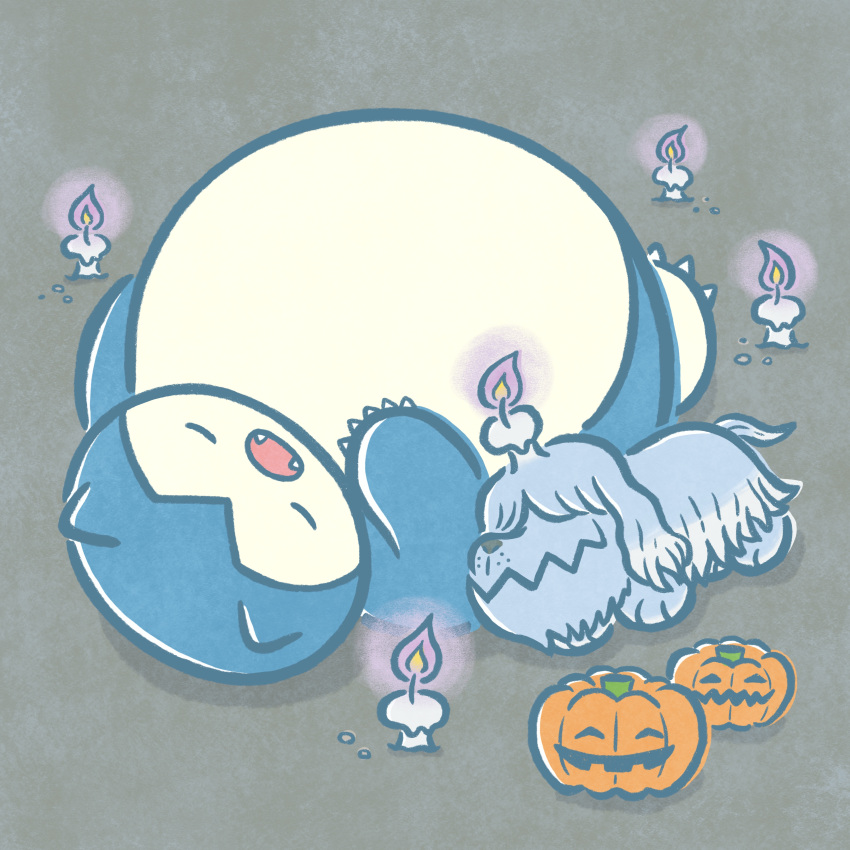 absurdres buried closed_eyes greavard grey_background halloween highres jack-o'-lantern no_humans official_art open_mouth pokemon pokemon_(creature) pumpkin simple_background sleeping snorlax