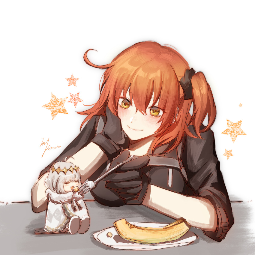 1boy 1girl :3 aramu black_gloves blush chibi commentary_request fate/grand_order fate_(series) feeding food fork fruit fujimaru_ritsuka_(female) fujimaru_ritsuka_(female)_(polar_chaldea_uniform) full_body gloves hand_on_own_face highres holding holding_fork melon oberon_(fate) official_alternate_costume orange_eyes orange_hair plate simple_background sitting smile table upper_body white_background