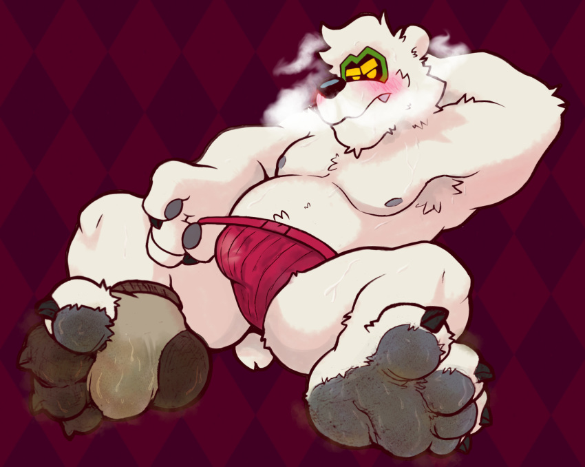 2022 4_toes anthro barefoot bear black_nose blush checkered_background claws clothed clothing feet finger_claws foot_fetish foot_focus footwear hi_res jozzu looking_at_viewer male mammal muscular muscular_anthro muscular_male nipples old_socks pattern_background pecs plantigrade polar_bear red_background round_ears sharp_claws sharp_teeth short_tail simple_background snout socks soles solo steam stroberto tail teeth toe_claws toes underwear underwear_only ursine