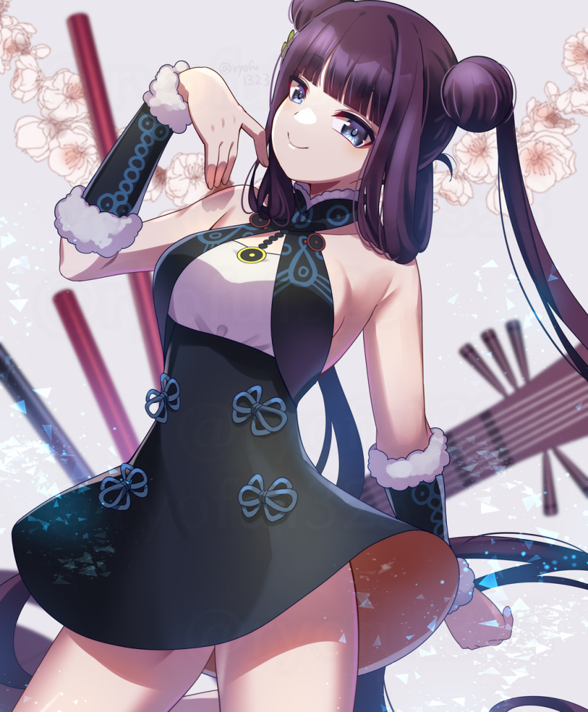 1girl bare_shoulders black_dress blue_eyes blush breasts detached_sleeves double_bun dress fate/grand_order fate_(series) flower flute hair_bun hair_ornament highres instrument large_breasts leaf_hair_ornament long_hair looking_at_viewer pipa_(instrument) purple_hair ryofuhiko sidelocks smile solo thighs twintails very_long_hair yang_guifei_(fate)