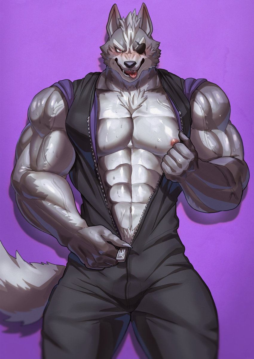 2023 abs absurd_res anthro barazoku biceps big_muscles blush bodily_fluids bodysuit canid canine canis clothing deltoids eye_patch eyebrows eyewear front_view fur hair hi_res huge_muscles looking_at_viewer male mammal muscular muscular_anthro muscular_male nintendo nipples open_mouth open_smile pecs purple_background seductive shadow simple_background skinsuit smile solo standing star_fox sweat teeth tight_clothing tongue tongue_out tuft undressing unzipped vein wolf wolf_o'donnell yukihoshiak zipper