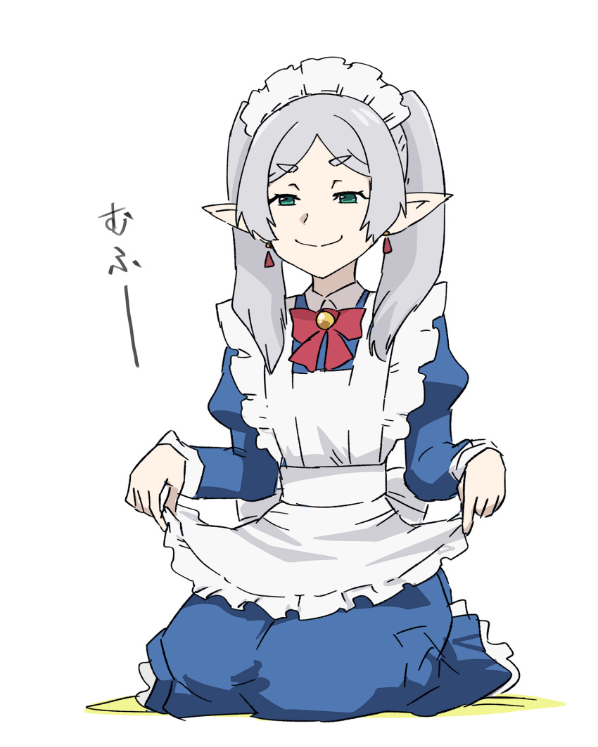 1girl alternate_costume apron commentary doyagao earrings elf enmaided frieren green_eyes highres jewelry long_hair maid maid_apron maid_headdress meme parody pointy_ears seiza sitting smug solo sousou_no_frieren twintails ueyama_michirou white_background you_can_just_give_this_kind_of_thing_to_men_and_they_will_be_thrilled_(meme)