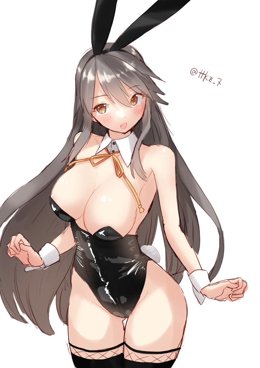 1girl animal_ears black_hair black_leotard black_thighhighs brown_eyes cowboy_shot dated detached_collar hair_ornament hairclip haruna_(kancolle) highres kantai_collection leotard long_hair neck_ribbon one-hour_drawing_challenge playboy_bunny rabbit_ears rabbit_tail ribbon simple_background solo strapless strapless_leotard tail tetsukuzu_(yajirushi_shita) thigh_gap thighhighs twitter_username white_background wrist_cuffs yellow_ribbon