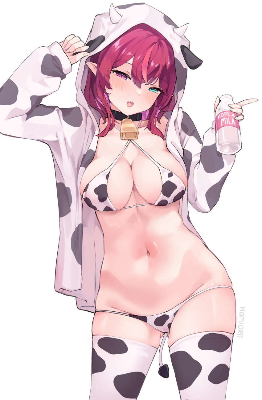 1girl absurdres animal_ears animal_print artist_name ass_visible_through_thighs bell bikini blush breasts cow_ears cow_horns cow_print cow_print_bikini cow_print_thighhighs cow_tail cowbell english_commentary heterochromia highres hololive hololive_english horns irys_(hololive) large_breasts looking_at_viewer multicolored_hair multiple_horns namiorii pointy_ears print_bikini purple_eyes red_hair solo streaked_hair swimsuit tail virtual_youtuber