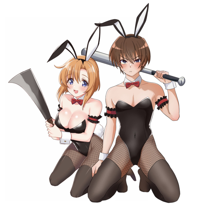 1boy 1girl animal_ears arm_strap ball bare_shoulders black_footwear black_leotard blue_eyes blush boots bow bowtie breasts brown_hair cleavage collaboration covered_navel crossdressing detached_collar fake_animal_ears fake_tail fishnet_pantyhose fishnets full_body grey_eyes hair_between_eyes highres higurashi_no_naku_koro_ni holding holding_ball holding_cleaver holding_weapon kneeling krudears large_breasts leotard looking_at_viewer maebara_keiichi open_mouth orange_hair pantyhose playboy_bunny rabbit_ears red_bow red_bowtie ryuuguu_rena short_hair smile strapless strapless_leotard sweatdrop tail thigh_boots weapon white_background wrist_cuffs yuno_ff