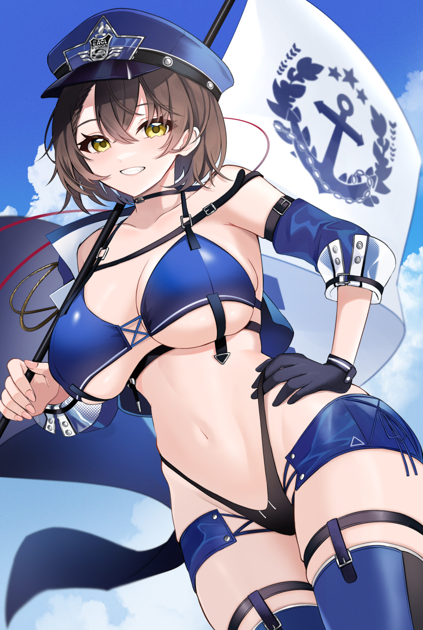 1girl absurdres azur_lane baltimore_(azur_lane) baltimore_(finish_line_flagbearer)_(azur_lane) bikini black_bikini black_gloves blue_bikini blue_headwear blue_jacket blue_thighhighs blush breasts brown_hair choker cleavage collarbone cropped_jacket flag gloves grin hat highleg highleg_bikini highres jacket large_breasts long_sleeves looking_at_viewer micro_shorts military_hat mismatched_bikini navel official_alternate_costume race_queen short_hair shorts single_glove sky smile solo swimsuit thighhighs thighs underboob yamaha_tsui yellow_eyes