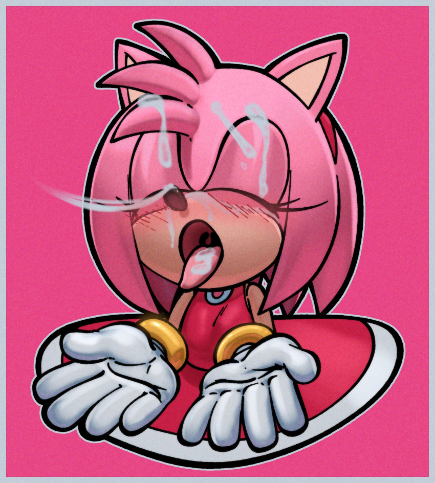 accessory amy_rose anthro blush bodily_fluids bracelet clothing cum cum_in_mouth cum_inside cum_on_face dress eulipotyphlan eyes_closed female genital_fluids gloves hair_accessory hairband handwear hedgehog hi_res jewelry male male/female mammal offscreen_character sega solo sonic_the_hedgehog_(series) tighesammy tongue tongue_out