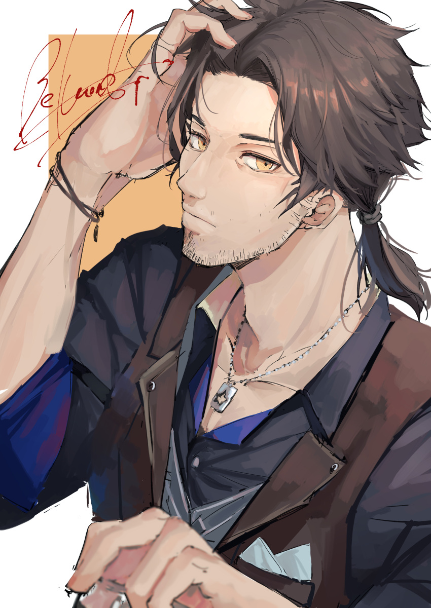 1boy absurdres belmond_banderas brown_eyes brown_hair chain_necklace facial_hair hand_in_own_hair highres jewelry long_hair looking_at_viewer low_ponytail male_focus necklace nijisanji ogura_tubuan orange_background solo two-tone_background upper_body virtual_youtuber white_background