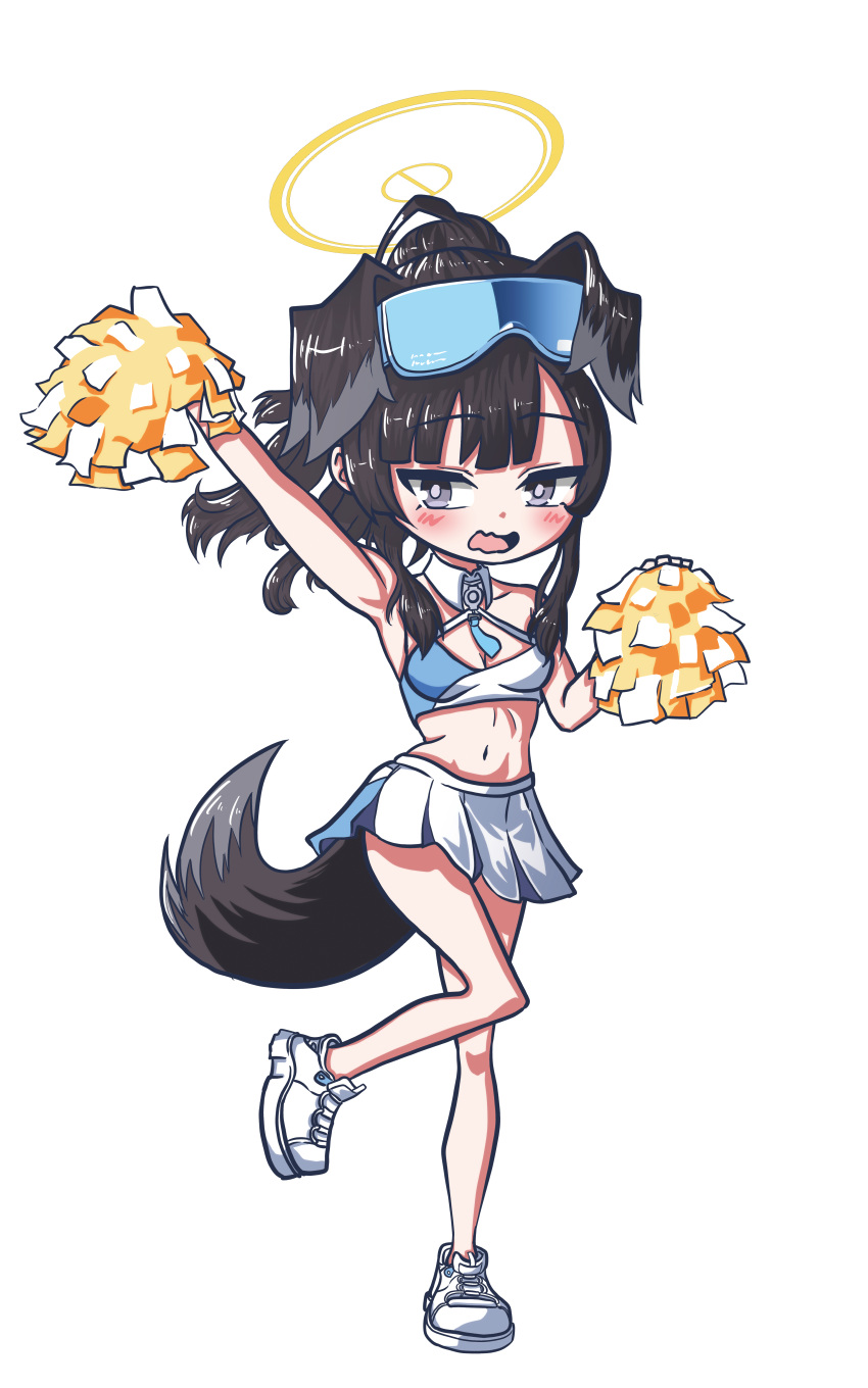 1girl :o absurdres aghanseonmul animal_ears arm_up armpits black_hair blue_archive blunt_bangs breasts cheerleader chibi cleavage collarbone commentary_request detached_collar dog_ears dog_girl dog_tail eyewear_on_head full_body grey_eyes halo hibiki_(blue_archive) hibiki_(cheerleader)_(blue_archive) highres holding holding_pom_poms long_hair looking_at_viewer navel official_alternate_costume parted_bangs pleated_skirt pom_pom_(cheerleading) ponytail shoes sidelocks simple_background skirt sleeveless sneakers solo standing standing_on_one_leg stomach sunglasses tail transparent_background wavy_mouth