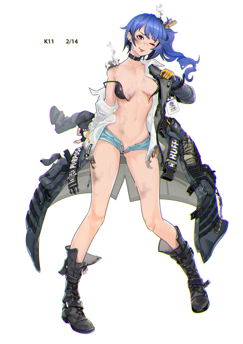 1girl absurdres bikini black_bikini blue_hair blue_shorts blush boots breasts character_name clothes_pin coat cross-laced_footwear damaged full_body gen_uma_mai girls'_frontline highres id_card jacket k11_(girls'_frontline) lace-up_boots leather_choker long_coat long_hair medium_breasts messy_hair no_panties one_eye_closed open_clothes open_coat open_shirt open_shorts pouch red_eyes scorch_mark shirt short_shorts shorts side_ponytail smile smoke sweat swimsuit tongue tongue_out torn_bikini torn_clothes white_background white_shirt
