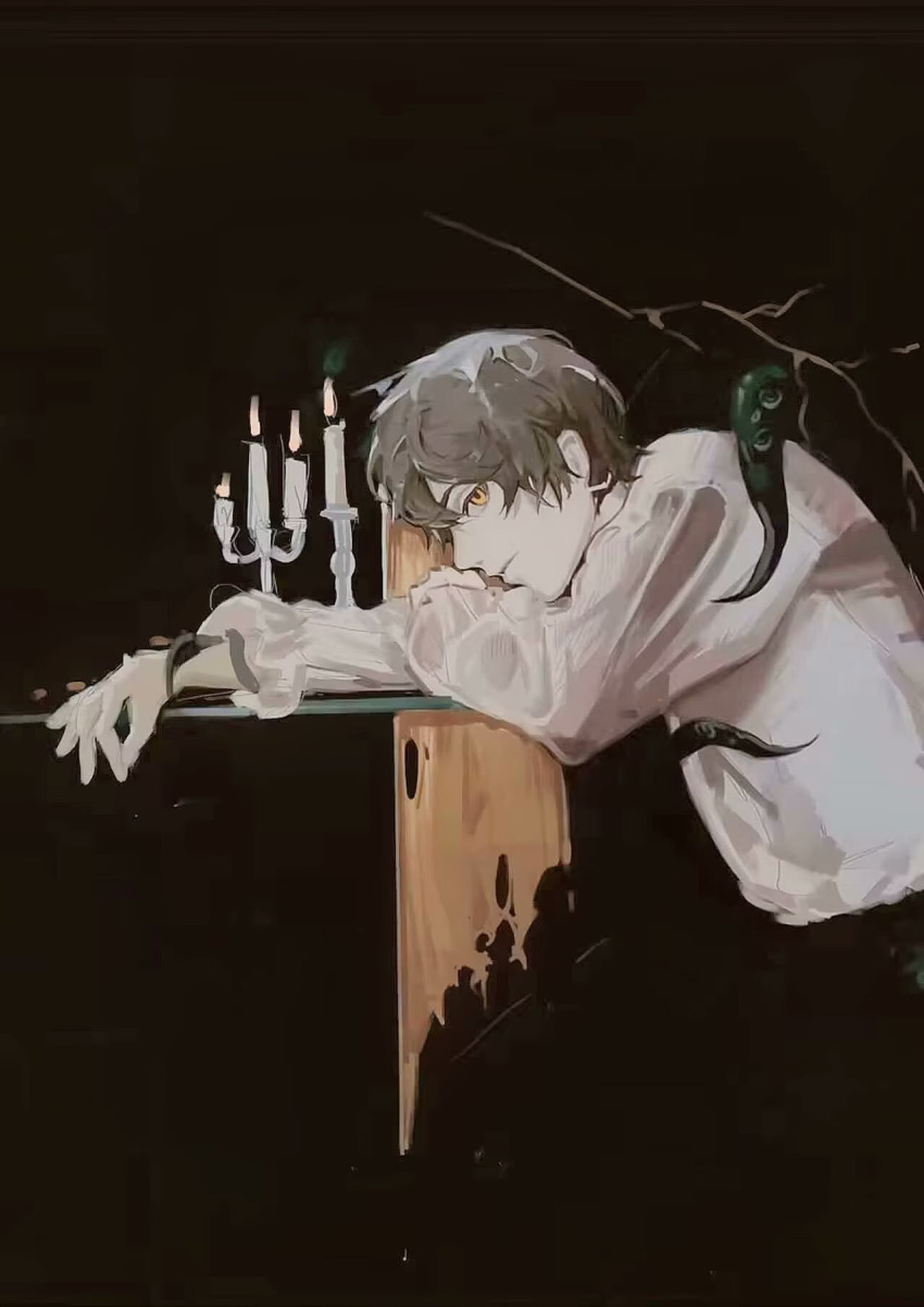1boy black_pants brown_hair candelabra candle candlelight candlestand cynicism373 dark fire highres klein_moretti leaning_on_table looking_at_viewer lord_of_the_mysteries pale_skin pants shirt tablecloth tentacles white_shirt yellow_eyes
