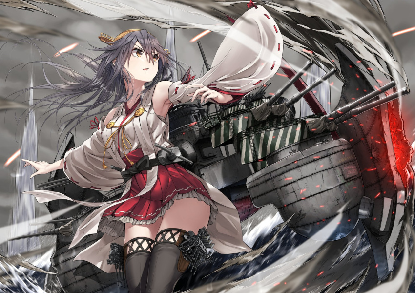 1girl bare_shoulders black_hair black_thighhighs brown_eyes detached_sleeves frilled_skirt frills hair_between_eyes hairband haruna_(kancolle) haruna_kai_ni_(kancolle) headgear highres japanese_clothes kantai_collection long_hair machinery nontraditional_miko ocean open_mouth pleated_skirt red_skirt ribbon-trimmed_sleeves ribbon_trim rigging serious skirt solo thighhighs turret white_sleeves wide_sleeves zombie_mogura