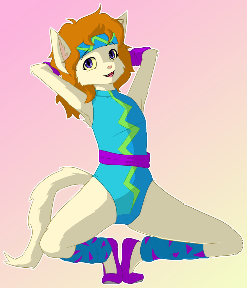 2023 absurd_res aerobics anthro clothing crouching digital_media_(artwork) eotard farrah_furcett felid felin female flat_chested gradient_background hair hi_res kawaoneechan leg_warmers legwear mammal simple_background solo spandex sweatband tail tight_clothing wrist_warmers