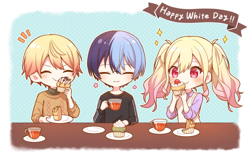 1girl 2boys aoyagi_touya blonde_hair blue_hair blush closed_eyes closed_mouth commentary cup cupcake dark_blue_hair english_text facing_viewer food gradient_hair highres holding holding_cup holding_food holding_plate long_hair long_sleeves mole mole_under_eye multicolored_hair multiple_boys never_give_up_cooking!_(project_sekai) official_alternate_costume orange_hair pink_eyes pink_hair plate project_sekai purple_shirt shirt short_hair sleeves_past_elbows split-color_hair star_(symbol) sweater sweater_vest symbol-only_commentary table tea teneko02 tenma_saki tenma_tsukasa turtleneck twintails two-tone_hair upper_body white_day