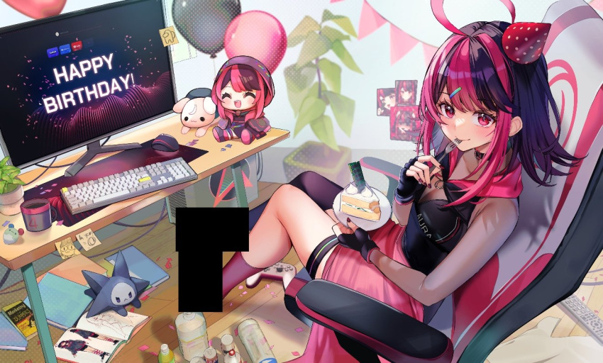 1girl ahoge asymmetrical_legwear balloon bar_censor black_choker black_gloves black_hair black_shirt black_thighhighs bottle cake cake_slice can censored censored_feet chair character_doll choker commentary controller cup desk eating english_commentary fingerless_gloves food for_dummies fork game_controller gaming_chair gloves gx_aura hair_ornament hairclip happy_birthday hat hood hood_down keyboard_(computer) long_hair mat monitor mug multicolored_hair official_art opera_gx party_hat pink_eyes pink_hair pink_socks plant plate polka_dot_headwear red_nails remote_control second-party_source see-through shirt single_sock single_thighhigh sitting socks sticky_note swivel_chair thigh_strap thighhighs utensil_in_mouth virtual_youtuber wooden_floor yuniiho