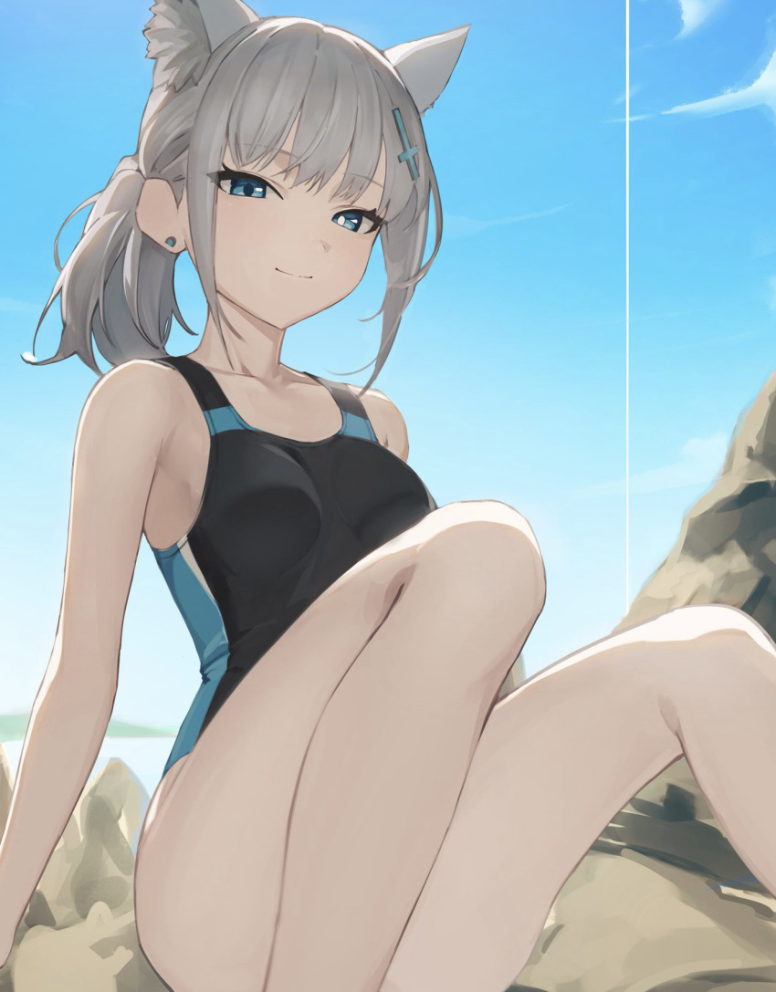 1girl animal_ears black_one-piece_swimsuit blue_archive blue_eyes breasts cleavage extra_ears grey_hair hair_ornament hairclip highres looking_at_viewer mikeekakiaka2 one-piece_swimsuit ponytail shiroko_(blue_archive) shiroko_(swimsuit)_(blue_archive) sidelocks sitting smile solo swimsuit wolf_ears wolf_girl