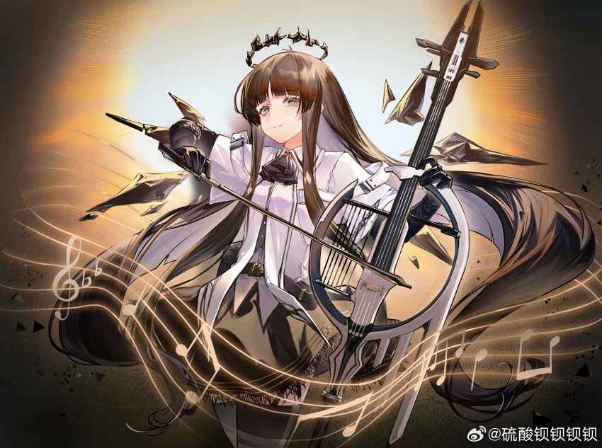1girl :3 absurdly_long_hair absurdres ahoge arknights artist_name ascot belt belt_buckle belt_pouch black_ascot black_background black_belt black_bustier black_eyes black_garter_straps black_gloves black_halo black_outline black_pouch black_skirt black_thighhighs black_wings blunt_bangs bow_(music) breasts broken_halo buckle bustier buttons cello chinese_commentary chinese_text closed_mouth collared_jacket commentary_request cowboy_shot dark_halo detached_wings dress_shirt energy_wings eyelashes floating_hair garter_straps gloves grey_shirt halo hands_up highres hime_cut holding holding_bow_(music) holding_instrument holding_violin instrument jacket layered_sleeves light_rays long_hair long_sleeves looking_at_viewer miniskirt mole mole_under_eye music musical_note outline playing playing_instrument pleated_skirt pouch shirt short_over_long_sleeves short_sleeved_jacket short_sleeves sidelocks silhouette skirt small_breasts smile solo spotlight staff_(music) standing thighhighs triangle very_long_hair violin virtuosa_(arknights) watermark weibo_5688317407 weibo_logo weibo_username white_belt white_jacket wide_sleeves wing_collar wings zettai_ryouiki
