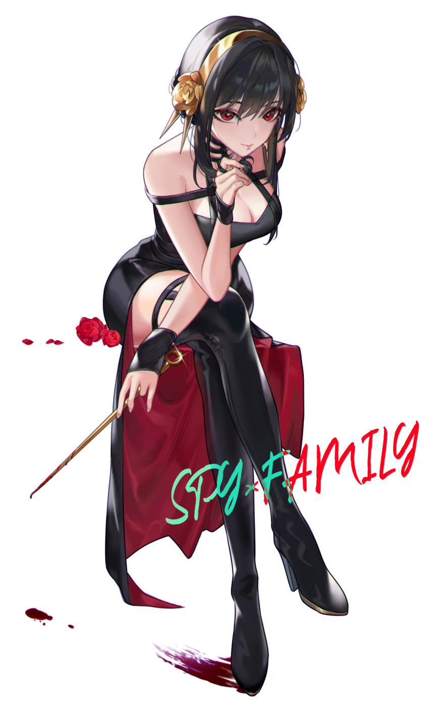 1girl black_dress black_footwear black_hair blood blood_splatter boots breasts cleavage closed_mouth copyright_name crossed_legs dress flower full_body hair_between_eyes hairband high-low_skirt highres holding holding_weapon leaning_forward medium_breasts peach_luo red_eyes red_flower red_rose rose short_dress short_hair_with_long_locks sitting smile solo spy_x_family thigh_boots weapon yellow_hairband yor_briar zettai_ryouiki