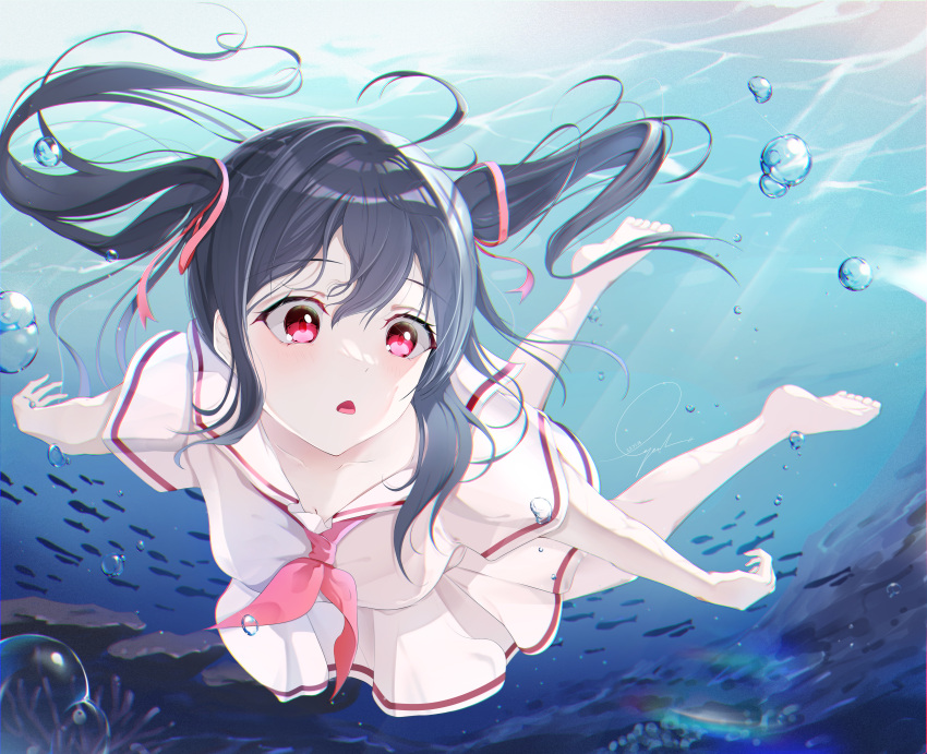 1girl absurdres afloat barefoot black_hair breasts bubble cleavage collarbone feet fish gyeou_lee hair_ribbon highres long_hair looking_to_the_side medium_breasts ocean open_mouth original pleated_skirt red_eyes red_ribbon ribbon sailor_collar school_uniform serafuku shirt skirt solo swimming twintails underwater white_sailor_collar white_shirt white_skirt