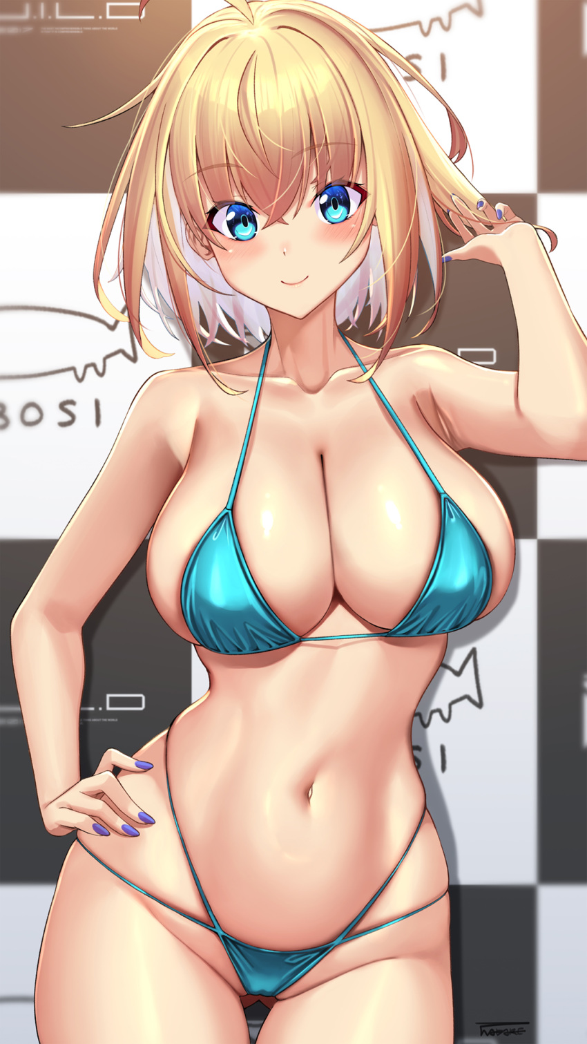 bare_arms bare_shoulders bikini blonde_hair blue_bikini blue_eyes blue_nails blush breasts closed_mouth commentary_request contrapposto fingernails groin halterneck hand_on_own_hip hand_up highres large_breasts looking_at_viewer multi-strapped_bikini_bottom nail_polish navel original short_hair smile solo sophia_f_shirring stomach string_bikini swimsuit takamine_nadare