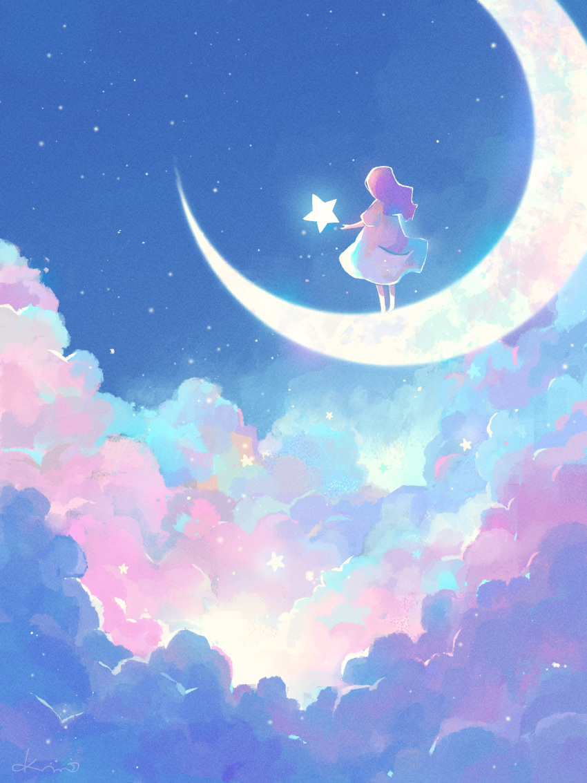 1girl above_clouds absurdres artist_name cloud commentary_request crescent_moon dress facing_away from_behind highres long_hair moon night night_sky on_crescent original outdoors pink_hair short_sleeves signature sky solo standing star_(sky) star_(symbol) starry_sky white_dress wide_shot yuzuki_kino