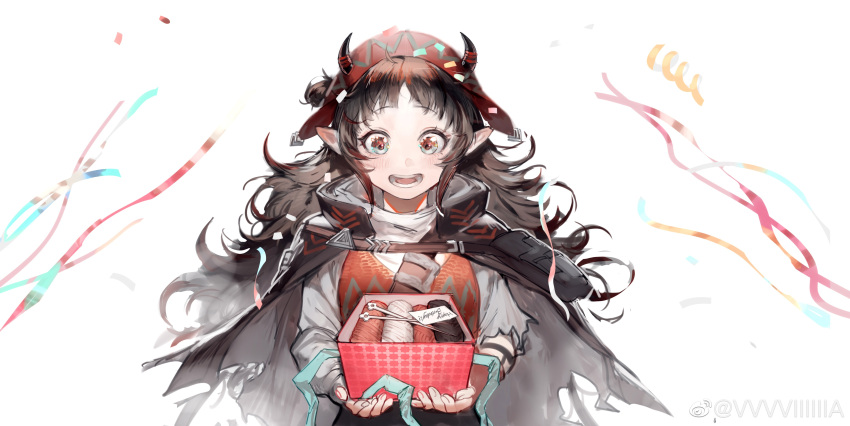 1girl :d absurdres arknights bag black_cape black_hair black_skirt blush cape confetti demon_girl demon_horns gradient_hair hat highres horns horns_through_headwear long_hair looking_at_object looking_down multicolored_hair needle open_mouth paprika_(arknights) pointy_ears red_eyes red_hair red_headwear red_vest satchel sewing_needle shirt skirt smile solo teeth tongue upper_body vest vvvviiiiiia weibo_logo weibo_username white_shirt yarn