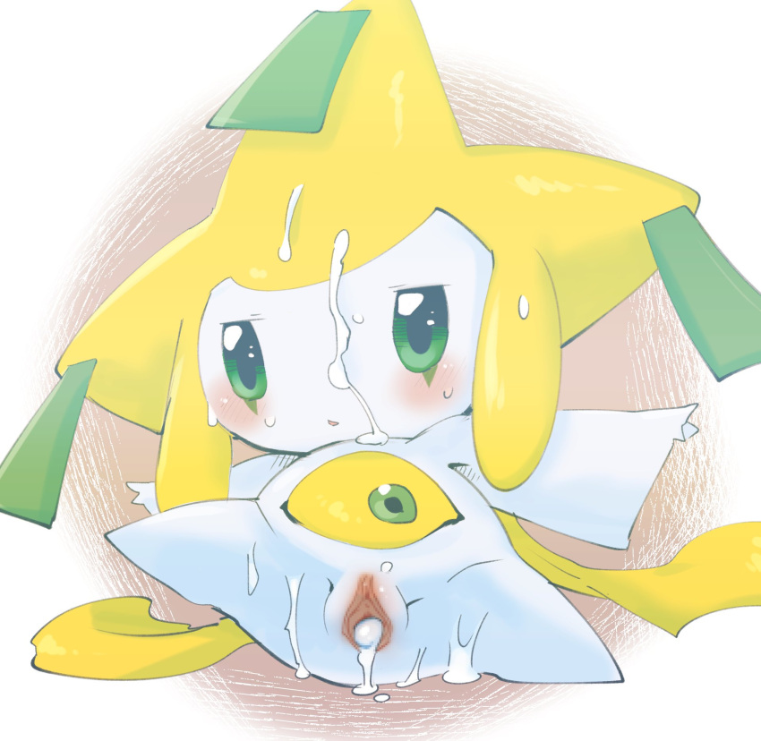 big_eye blush bodily_fluids clitoris cum cum_drip cum_in_pussy cum_inside cum_on_body cum_on_face doneru dripping eye_on_belly female generation_3_pokemon genital_fluids genitals hi_res jirachi leaking_cum leaking_pussy legendary_pokemon looking_at_viewer lying nintendo on_back pokemon pokemon_(species) pussy simple_background solo spread_legs spreading stomach_eye white_body