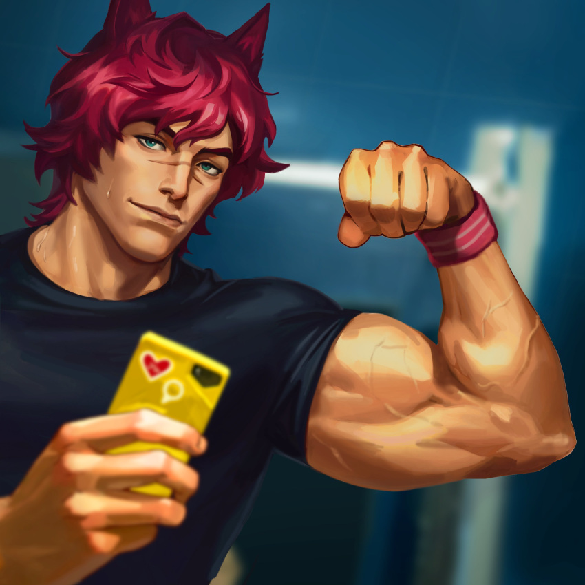 1boy absurdres animal_ears biceps black_shirt blue_eyes closed_mouth flexing heartsteel_(league_of_legends) heartsteel_sett highres holding holding_phone league_of_legends looking_at_viewer male_focus official_art phone red_hair scar scar_on_face scar_on_nose sett_(league_of_legends) shirt short_hair solo wristband