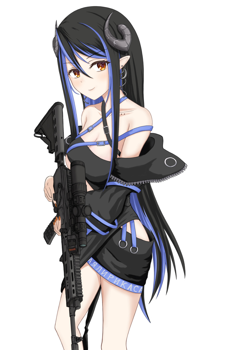 1girl absurdres assault_rifle bandeau belt black_bandeau black_belt black_hair black_jacket black_skirt blue_belt blue_hair blush breasts brown_eyes brown_nails chest_belt cleavage closed_mouth collarbone commentary_request curled_horns demon_girl demon_horns feet_out_of_frame grey_horns gun hair_between_eyes hebiyoi_tier highres hip_vent holding holding_gun holding_weapon horns jacket large_breasts long_hair long_sleeves looking_at_viewer multicolored_hair nanashi_inc. natsuki_aya off_shoulder open_clothes open_jacket pointy_ears rifle scope sidelocks simple_background skirt smile snake_bite solo trigger_discipline two-tone_hair virtual_youtuber weapon white_background