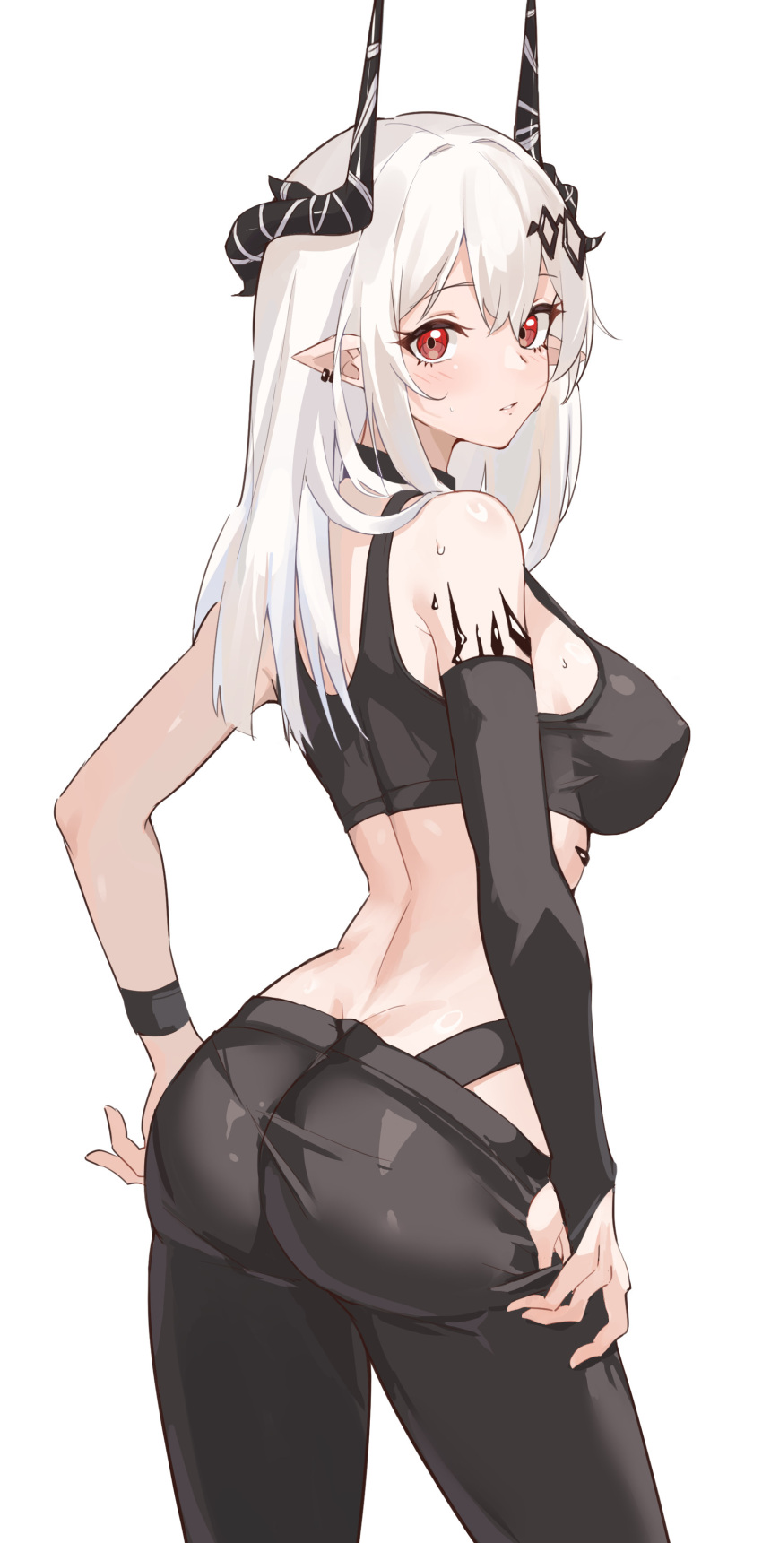 1girl absurdres arknights ass bare_shoulders black_choker black_pants blush choker commentary cowboy_shot crop_top detached_sleeves highres horns lolifreak long_hair looking_at_viewer midriff mudrock_(arknights) oripathy_lesion_(arknights) pants pointy_ears red_eyes simple_background single_sleeve solo sports_bra standing thighs white_background white_hair