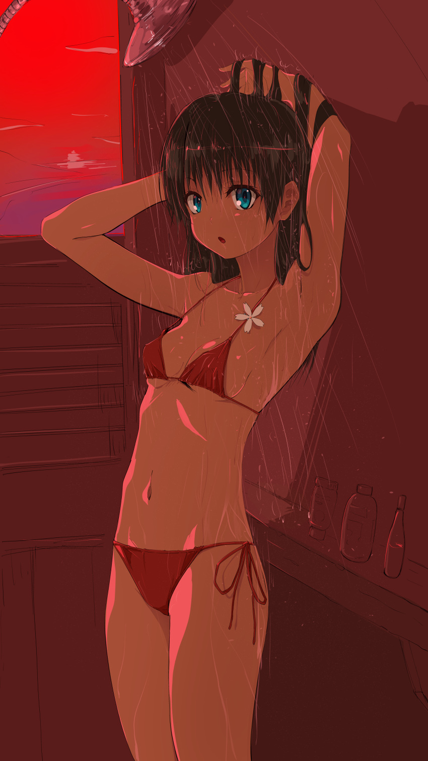 1girl absurdres arms_behind_head bikini black_hair blue_eyes breasts cowboy_shot highres long_hair looking_at_viewer musaki_(msaki666) navel red_bikini saten_ruiko showering side-tie_bikini_bottom small_breasts solo standing swimsuit toaru_kagaku_no_railgun toaru_majutsu_no_index