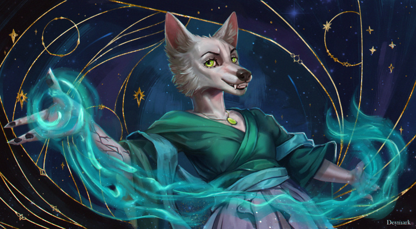 abstract_background anthro bottomwear canid canine canis clothing deymark female flat_chested fur green_eyes hi_res jewelry lily_(atrumpet) looking_at_viewer magic mammal necklace pawpads smile solo star teeth topwear white_body white_fur wolf