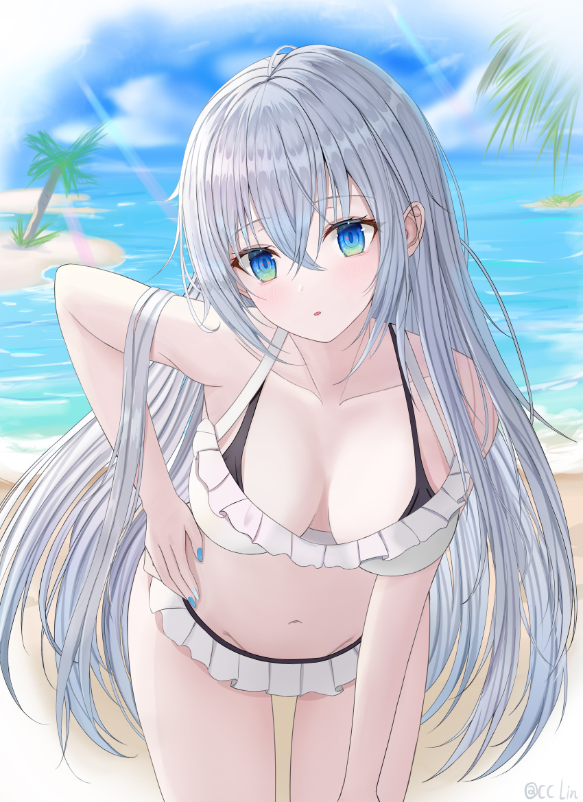 1girl absurdres bare_arms bare_shoulders beach bikini blue_eyes blue_nails blush breasts breasts_apart cc_lin chinese_commentary collarbone commentary_request cowboy_shot crossed_bangs day eyelashes eyes_visible_through_hair frilled_bikini frills gradient_eyes green_eyes grey_hair groin hair_between_eyes hair_over_shoulder halterneck hand_on_own_hip head_tilt highres large_breasts leaning_forward light_rays long_hair looking_at_viewer multicolored_eyes nail_polish navel ocean original outdoors palm_tree parted_lips pixiv_username solo standing straight-on straight_hair swimsuit tree very_long_hair white_bikini
