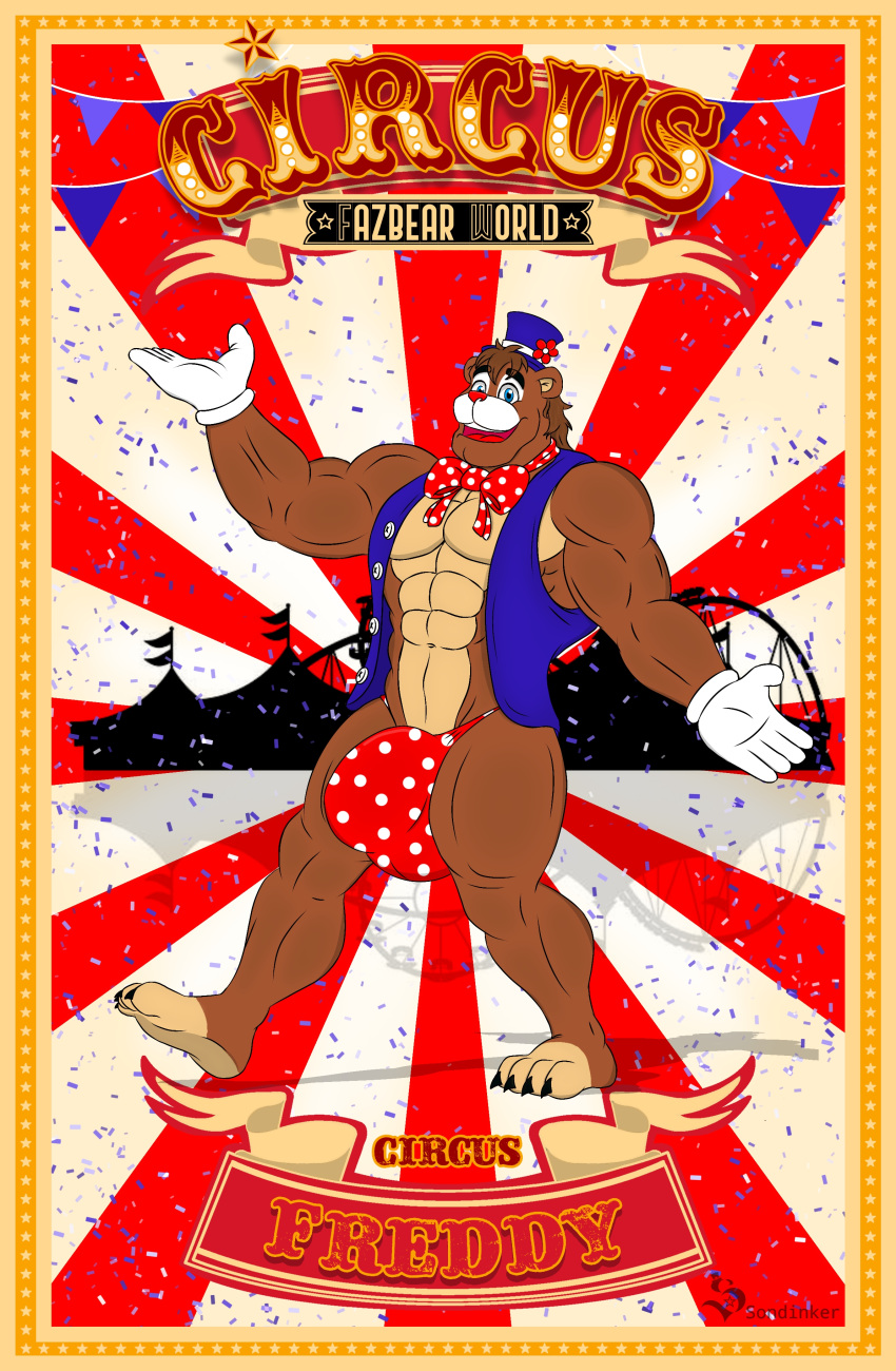 absurd_res andromorph bear circus clothing clown confetti five_nights_at_freddy's freddy_(fnaf) hi_res intersex male mammal poster scottgames solo sondinker_fazbear's topwear vest