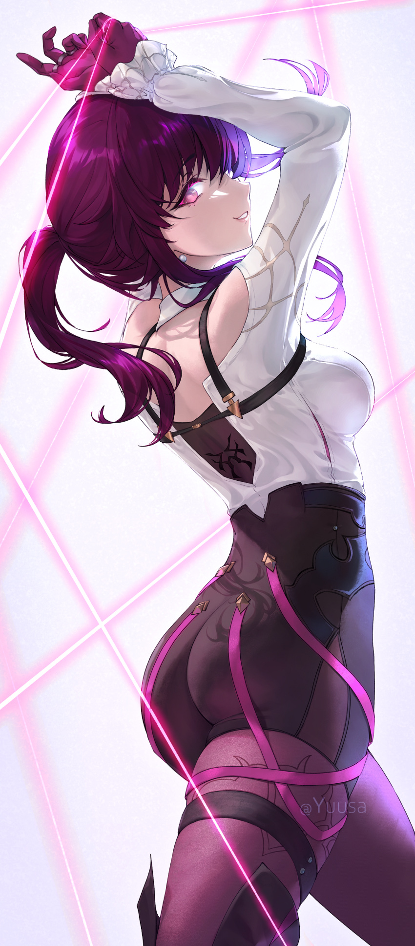 absurdres arms_up ass boots breasts from_behind gloves highres honkai:_star_rail honkai_(series) kafka_(honkai:_star_rail) large_breasts leggings long_hair long_sleeves looking_at_viewer looking_back matsushimayuusa mole mole_under_eye parted_lips ponytail purple_gloves purple_leggings single_thighhigh smile thigh_boots thigh_strap thighhighs thighs