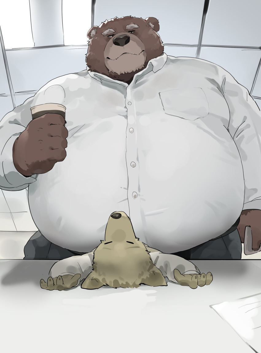 absurd_res anthro bear belly brown_body brown_fur canid canine canis clothing domestic_dog dress_shirt duo eyebrows fur hi_res iwbsb_kuma lying male male/male mammal office office_clothing office_worker on_back overweight shirt thick_eyebrows topwear