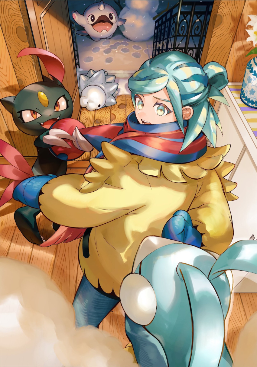 1boy altaria blue_mittens blue_scarf cetoddle commentary_request door green_eyes green_hair grusha_(pokemon) half_updo highres indoors jacket long_sleeves male_focus mittens open_mouth orange_mikan pants pokemon pokemon_(creature) pokemon_sv scarf sneasel snom snowman standing striped striped_scarf teeth tongue wooden_floor yellow_jacket