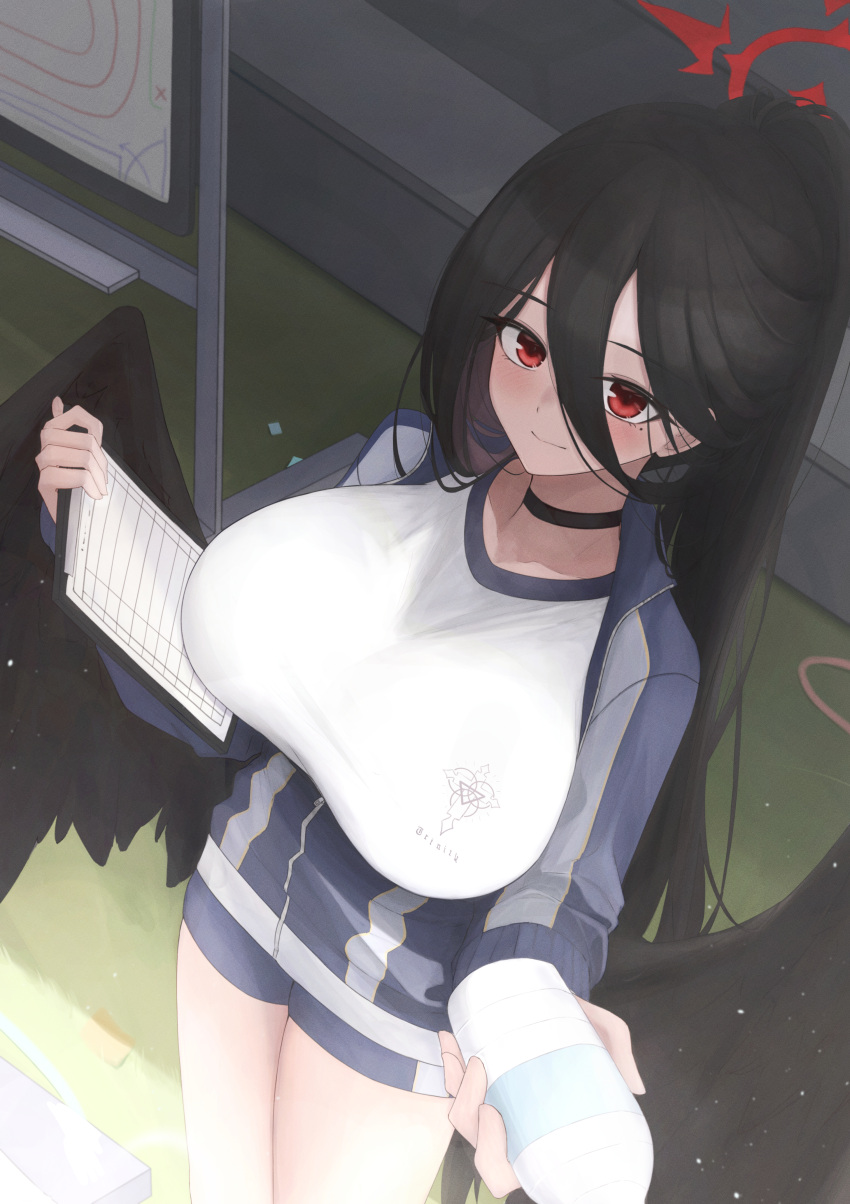 1girl absurdres black_choker black_hair black_wings blue_archive blue_jacket blush bottle breasts choker clipboard feathered_wings gym_shirt gym_shorts gym_uniform hair_between_eyes halo hasumi_(blue_archive) hasumi_(track)_(blue_archive) highres holding holding_bottle holding_clipboard huge_breasts jacket large_wings long_hair looking_at_viewer low_wings mofu07519 mole mole_under_eye official_alternate_costume partially_unzipped ponytail red_eyes shirt shorts solo track_jacket water_bottle white_shirt wings