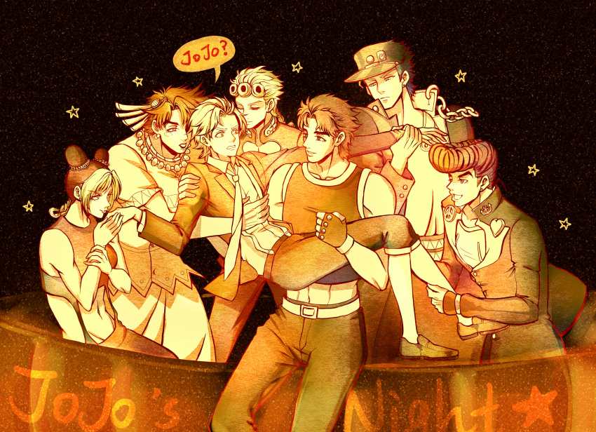 1girl 6+boys abs absurdres battle_tendency capri_pants child crop_top crossdressing diamond_wa_kudakenai dio_brando family gakuran giorno_giovanna higashikata_josuke highres jojo_no_kimyou_na_bouken jonathan_joestar joseph_joestar joseph_joestar_(young) killerohan kiss kissing_hand kneehighs kujo_jolyne kujo_jotaro midriff multiple_boys necktie pants phantom_blood pompadour princess_connect! school_uniform socks stardust_crusaders stone_ocean time_paradox vento_aureo