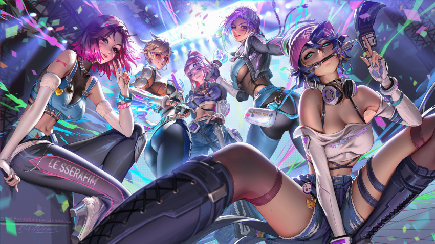 5girls ass breasts brigitte_(overwatch) crop_top d.va_(overwatch) highres kiriko_(overwatch) kunai le_sserafim liang_xing looking_at_viewer multiple_girls navel official_alternate_costume overwatch overwatch_2 parted_lips pink_hair purple_hair short_shorts shorts smile sombra_(overwatch) tracer_(overwatch) weapon weapon_in_mouth