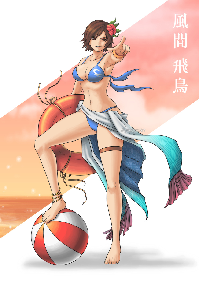 1girl armpits ball barefoot beachball bikini blue_bikini breasts brown_eyes brown_hair character_name cleavage english_commentary fingernails flower full_body geoffrey_daigon grin hair_flower hair_ornament highres holding holding_innertube innertube kazama_asuka large_breasts looking_at_viewer navel orange_sky pointing pointing_at_viewer red_flower short_hair sky smile solo standing stomach sunset swimsuit teeth tekken thigh_strap toenails toes tomboy