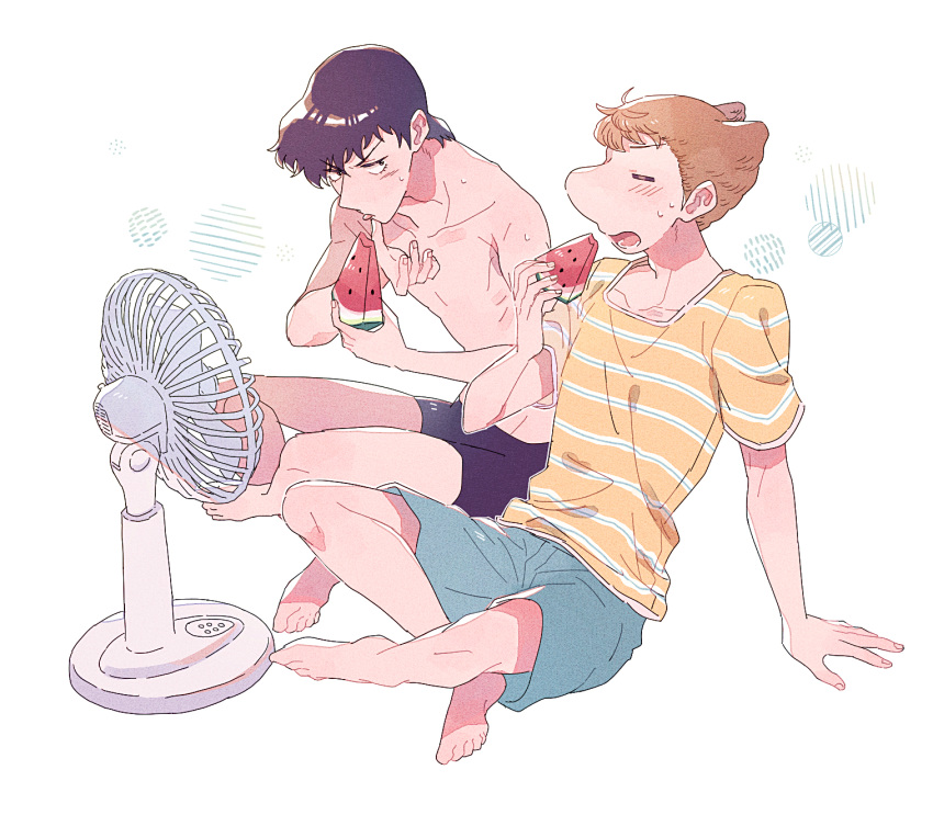 2boys :o arm_support atom:_the_beginning barefoot big_nose black_eyes black_hair black_hiar black_male_swimwear blue_footwear blush brown_hair closed_eyes denim denim_shorts eating electric_fan food fruit highres iyo_(kurumiwarin) looking_at_another male_focus male_swimwear multiple_boys ochanomizu_hiroshi open_mouth shirt short_hair short_sleeves shorts simple_background sitting striped striped_shirt sweat tenma_umatarou topless_male watermelon watermelon_slice white_background yellow_shirt