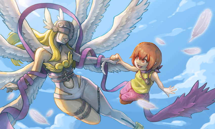 2girls angel_wings angewomon asymmetrical_clothes bandana belt blonde_hair blue_sky brown_footwear brown_hair chao_xiaopu covered_eyes digimon digimon_(creature) feathers hagoromo helmet helmet_over_eyes holding_hands long_hair multiple_belts multiple_girls multiple_wings open_mouth pants pink_pants shawl shirt short_hair sky thigh_belt thigh_strap whistle winged_helmet wings wrist_wings yagami_hikari yellow_shirt