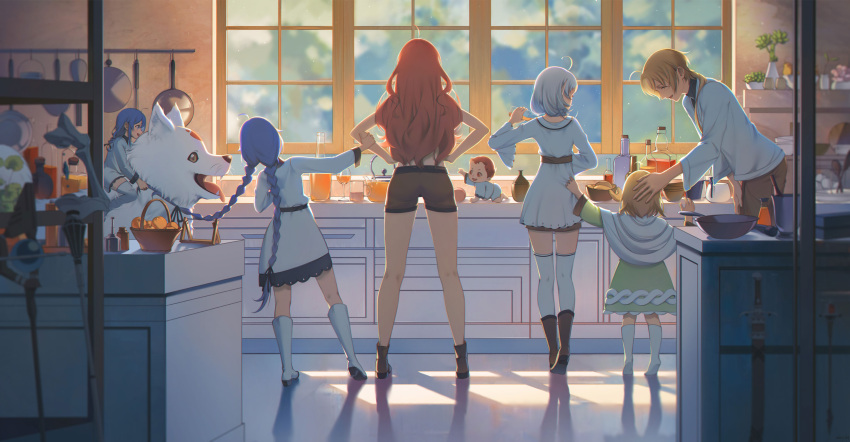 2boys 4girls absurdres ahoge ars_greyrat blue_hair boots bottle bowl braid braided_ponytail brown_footwear brown_shorts cup dress drinking_glass elf eris_greyrat green_dress highres holding holding_bottle husband_and_wives kitchen lara_greyrat leo_(mushoku_tensei) light_brown_hair lucy_greyrat medium_hair multiple_boys multiple_girls mushoku_tensei pointy_ears polygamy ponytail red_hair roxy_migurdia rudeus_greyrat shorts staff sylphiette_(mushoku_tensei) thighhighs twin_braids utensil utensil_rack wangza white_dress white_footwear white_hair white_thighhighs window