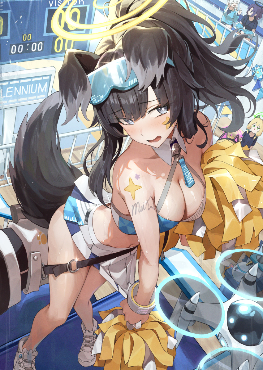 5girls absurdres animal_ears bare_shoulders black_hair blue_archive blue_eyes blush breasts cheerleader crop_top detached_collar dog_ears dog_girl dog_tail drone eyewear_on_head facial_mark goggles goggles_on_head halo hibiki_(blue_archive) hibiki_(cheer_squad)_(blue_archive) highres holding holding_pom_poms long_hair looking_at_viewer midori_(blue_archive) millennium_cheerleader_outfit_(blue_archive) momoi_(blue_archive) multiple_girls navel netural noa_(blue_archive) official_alternate_costume pom_pom_(cheerleading) ponytail scoreboard shoes skirt sneakers solo_focus star_(symbol) star_facial_mark star_sticker star_tattoo sticker_on_arm sticker_on_face tail tattoo text_print white_skirt wing_collar yellow_halo yuuka_(blue_archive)