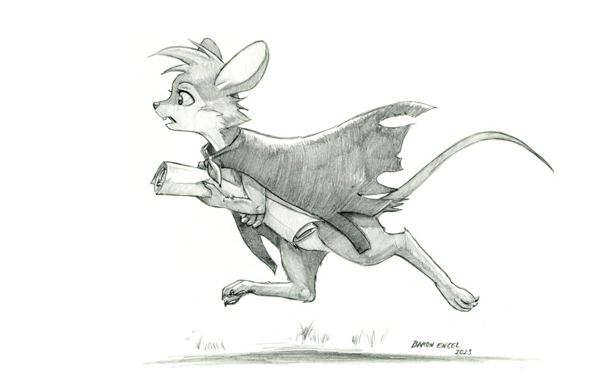 2023 anthro baron_engel cloak clothing digitigrade don_bluth female graphite_(artwork) holding_object holding_paper mammal monochrome mouse mrs._brisby murid murine open_mouth paper pencil_(artwork) rodent running solo the_secret_of_nimh traditional_media_(artwork)