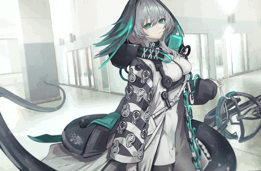 1girl absurdres aqua_eyes aqua_wings arknights black_pantyhose black_wings breasts coat commentary_request feathered_wings fingerless_gloves gloves grab_pigeon grey_hair hair_between_eyes head_wings highres ho'olheyak_(arknights) infection_monitor_(arknights) long_coat long_hair long_tail looking_at_viewer medium_breasts open_clothes open_coat pantyhose parted_lips snake_tail solo tail two-tone_wings wings